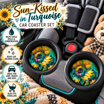 Sun-Kissed in Turquoise sunflower car coasters displayed in child car seat cup holders