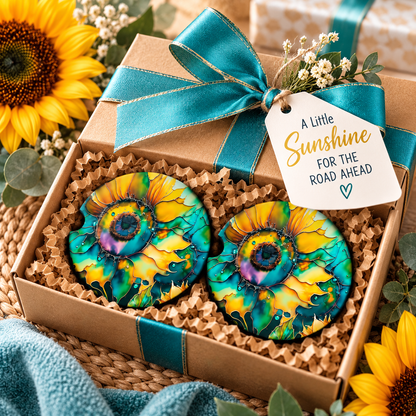 Sun-Kissed in Turquoise abstract sunflower car coaster set presented as a gift