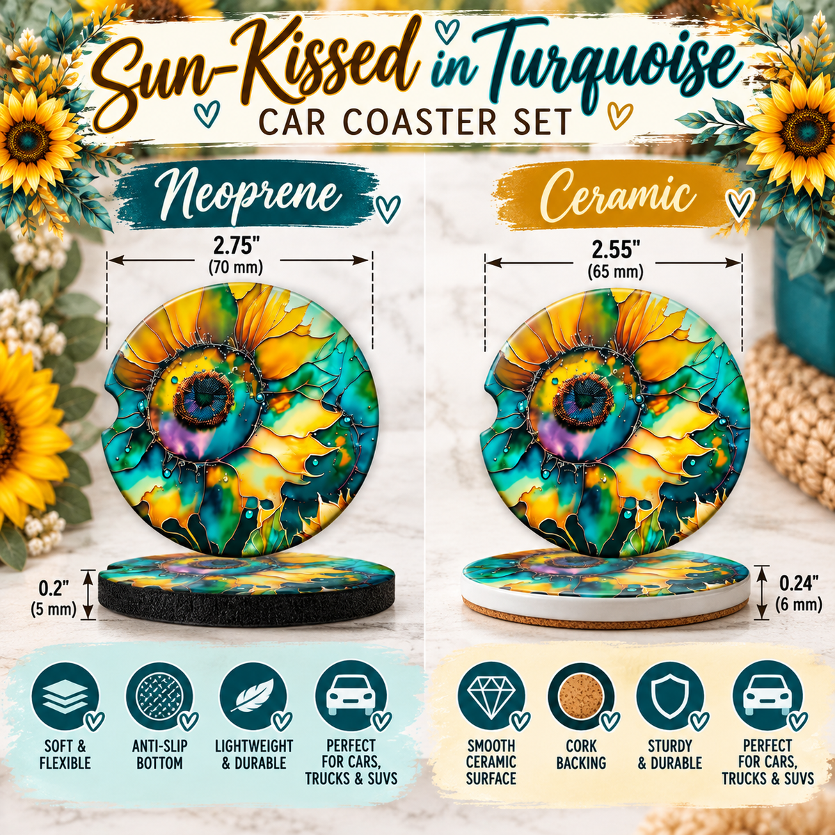 Sun-Kissed in Turquoise Neoprene and Ceramic sunflower car coaster size comparison