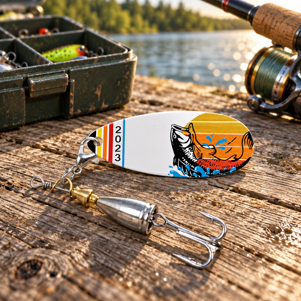 Sunset Splash Leaper fishing lure with orange sunset and leaping fish artwork and the year 2023 resting on a wooden dock beside a tackle box and fishing rod.