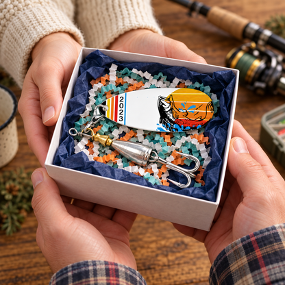 Hands presenting a Sunset Splash Leaper fishing lure in an open white gift box with navy tissue and orange, teal, and white crinkle paper.