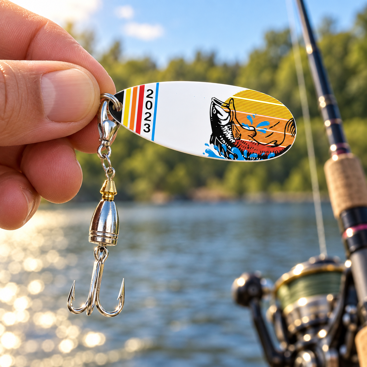 Hand holding a Sunset Splash Leaper fishing lure with orange sunset and leaping fish artwork, the year 2023, and a treble hook beside a lake.