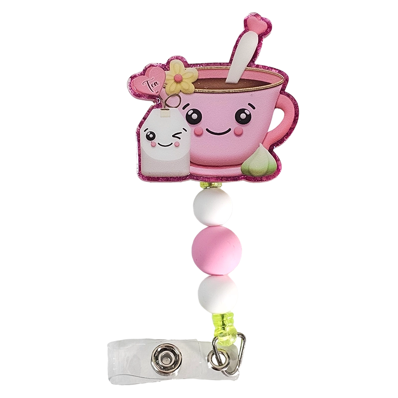 Tea-riffic Duo Badge Reel / Cute Tea Cup Cartoon Beaded ID Holder / Gift For Tea Lovers / Nurse Badge Reel