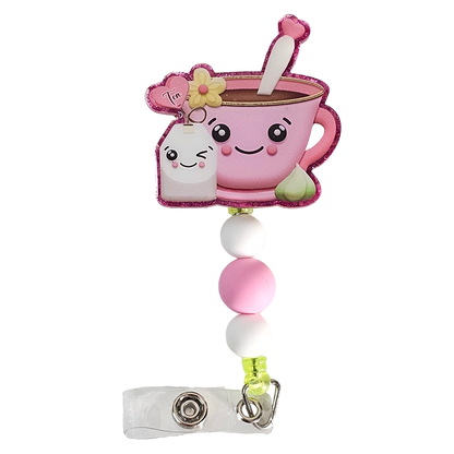 Tea-riffic Duo Badge Reel / Cute Tea Cup Cartoon Beaded ID Holder / Gift For Tea Lovers / Nurse Badge Reel