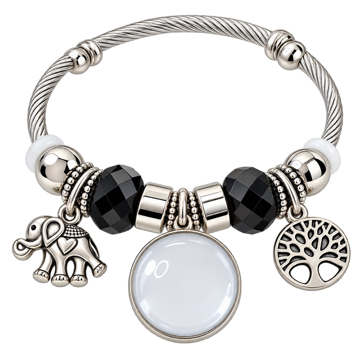 Black-and-silver bracelet with a blank round photo charm, elephant and Tree of Life charms