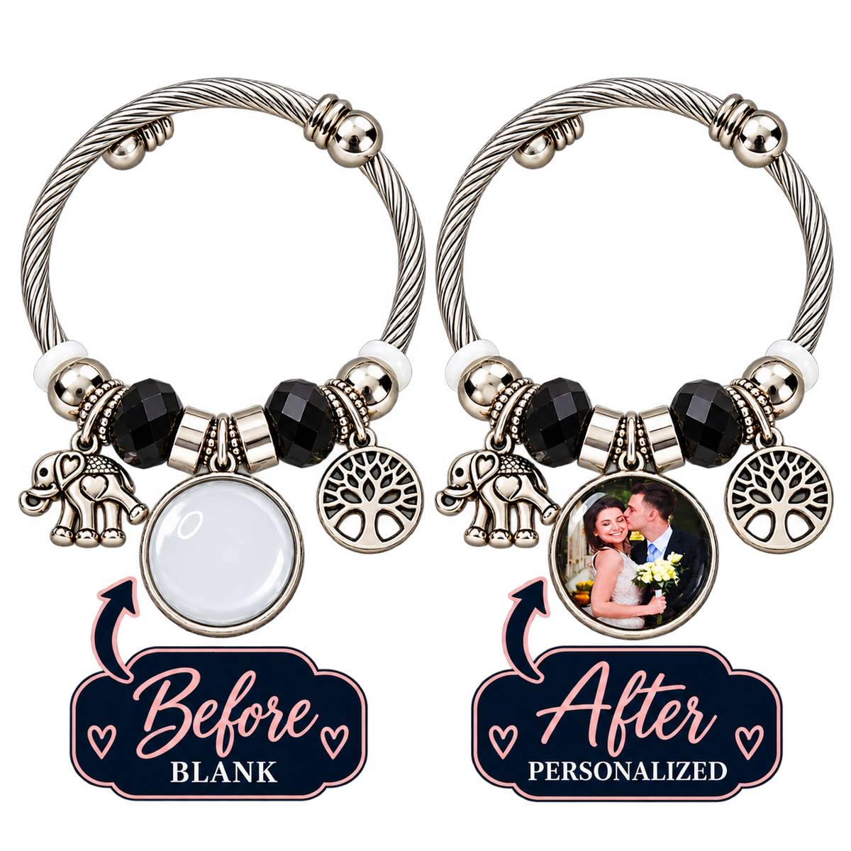 Before-and-after comparison of blank and personalized photo charm bracelets