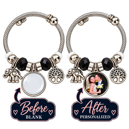 Before-and-after comparison of blank and personalized photo charm bracelets