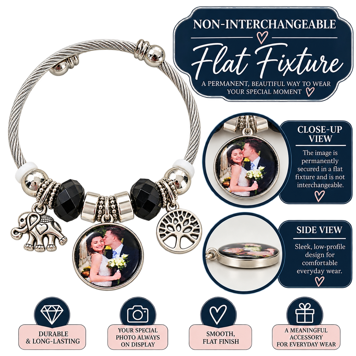 Flat fixture infographic showing a non-interchangeable photo charm on a black-and-silver bracelet