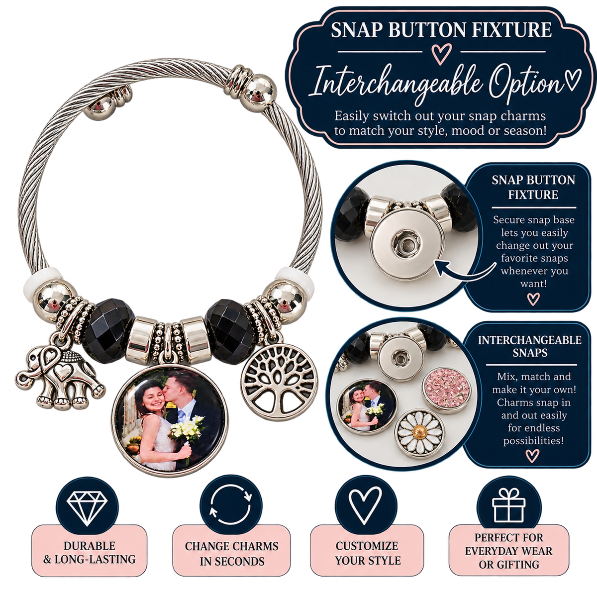 Snap button fixture infographic showing an interchangeable photo charm on a black-and-silver bracelet