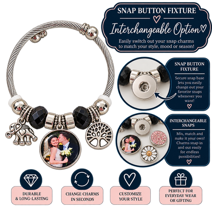 Snap button fixture infographic showing an interchangeable photo charm on a black-and-silver bracelet