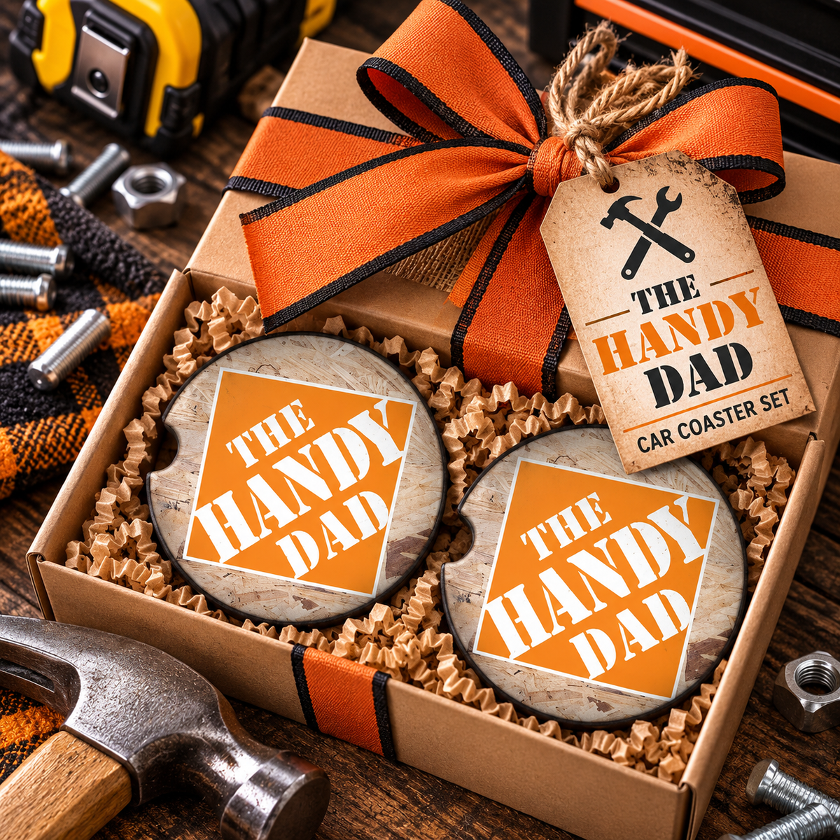 The Handy Dad car coaster set presented as a Father's Day gift