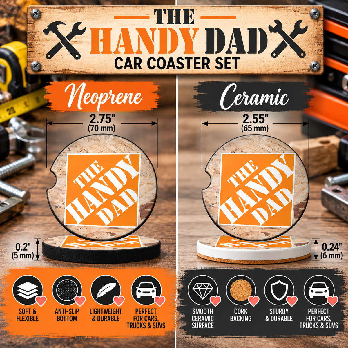 The Handy Dad Neoprene and Ceramic car coaster size comparison