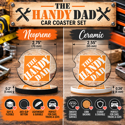 The Handy Dad Neoprene and Ceramic car coaster size comparison