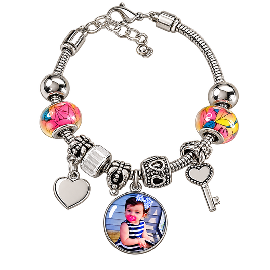 The Key to My Heart personalized photo bracelet with colorful patterned beads, silver-tone heart beads, dangling heart and key charms, and an extender chain.
