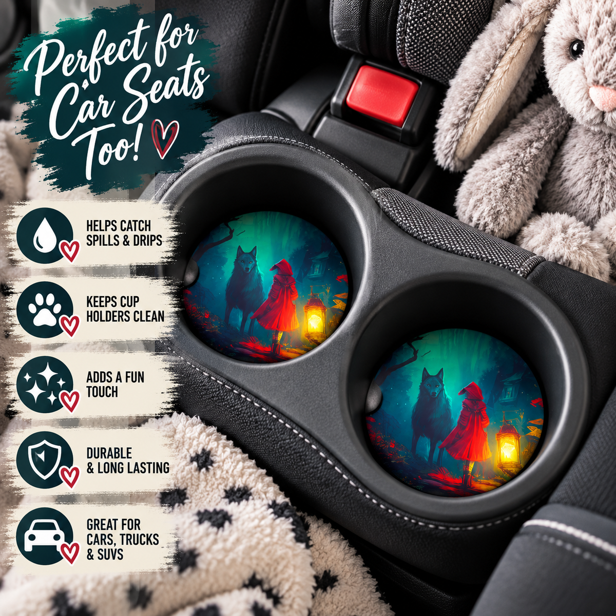 What Big Teeth You Have red-hood-and-wolf coasters displayed in child car-seat cup holders