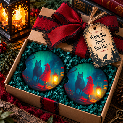 What Big Teeth You Have dark fairytale wolf car coaster set presented as a gift