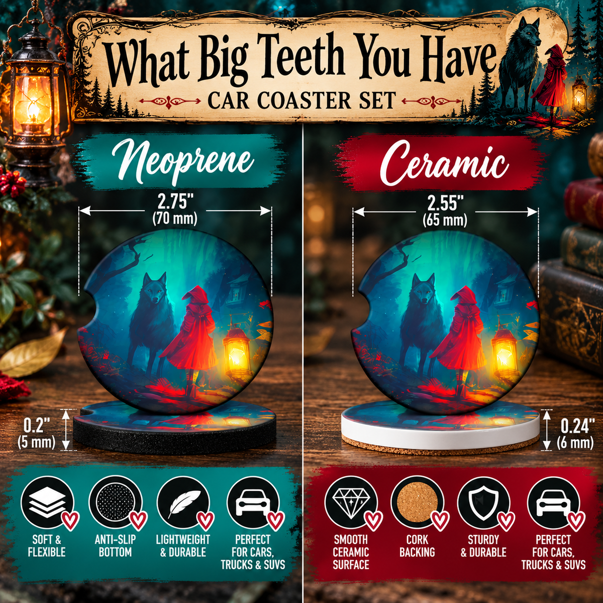 What Big Teeth You Have Neoprene and Ceramic fairytale car coaster size comparison