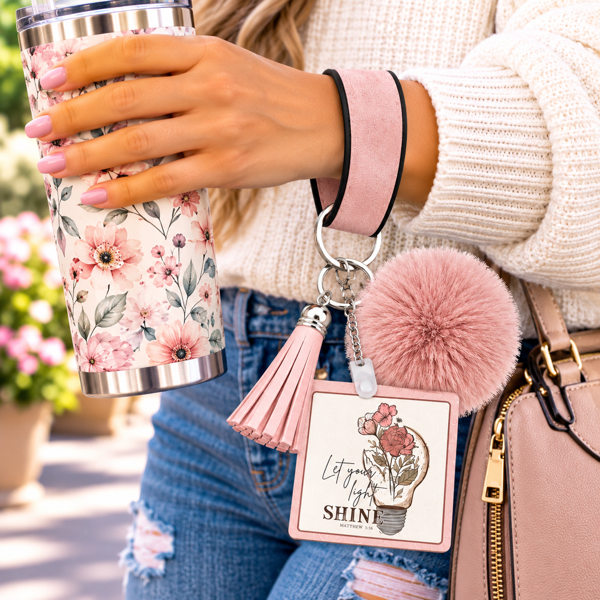 Where Your Light Blooms wristlet worn while holding a tumbler