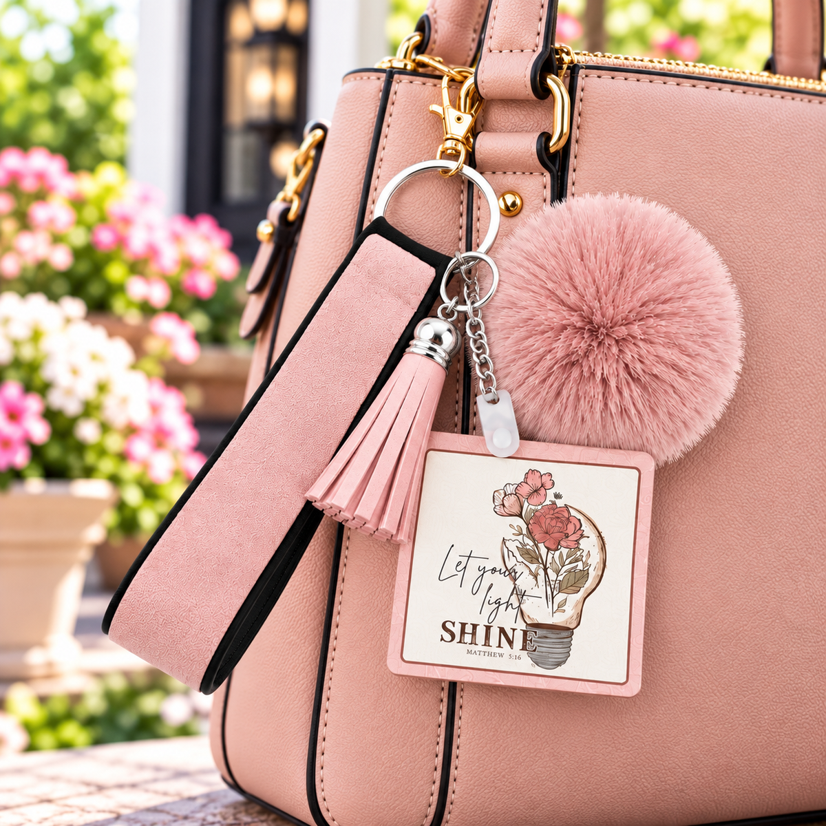 Where Your Light Blooms wristlet keychain hanging from a purse