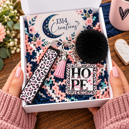Wild About Hope wristlet keychain arranged in a gift box