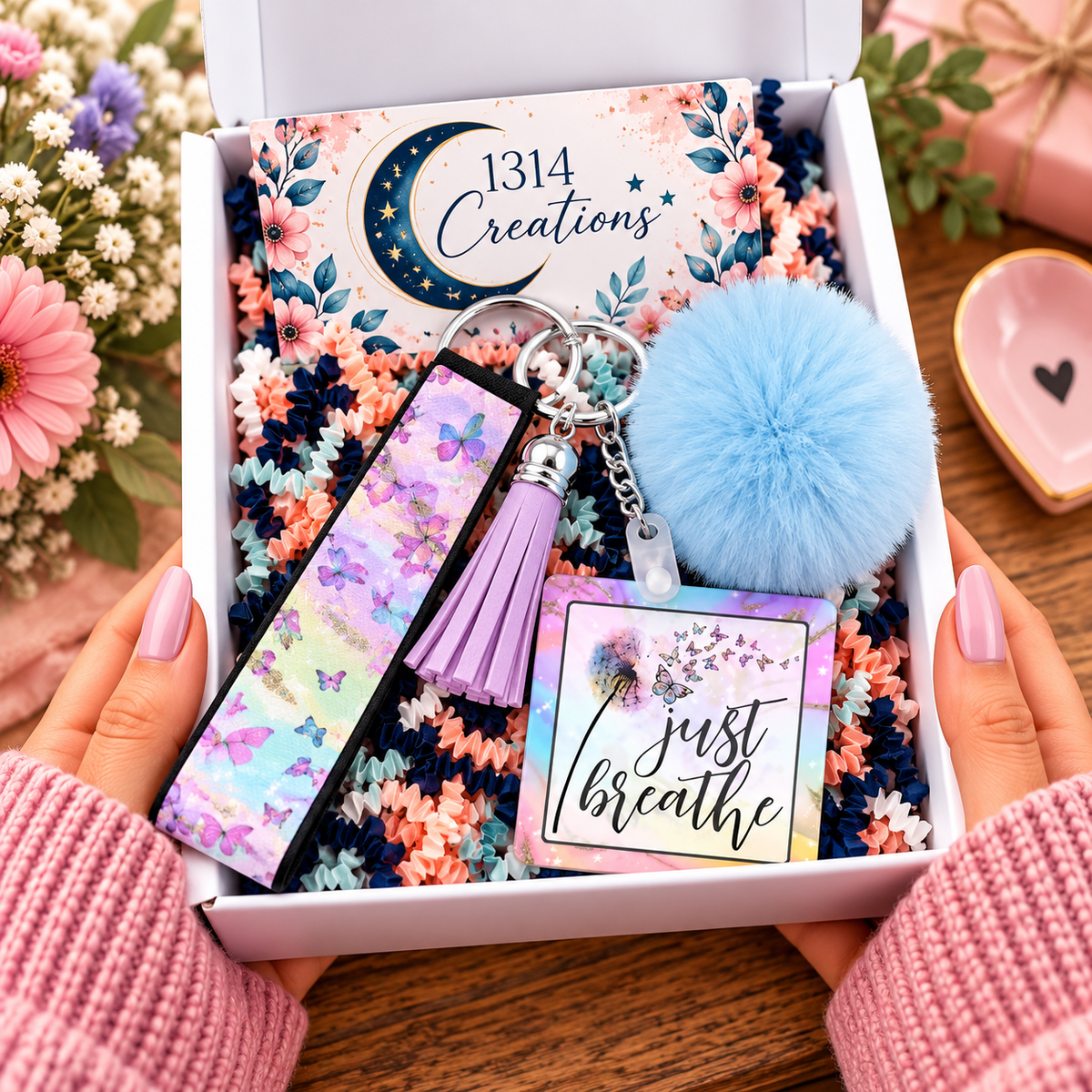 Just Breathe wristlet keychain arranged in a gift box