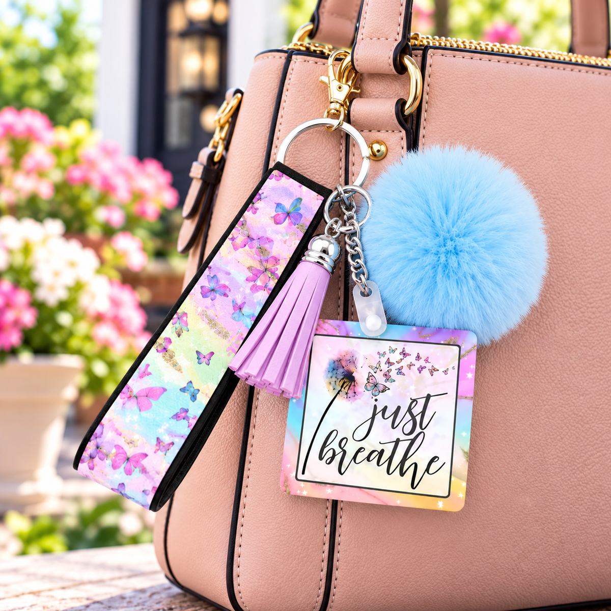 Just Breathe wristlet keychain hanging from a purse