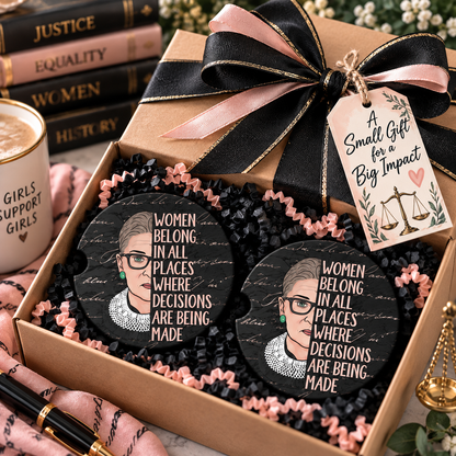 Women Belong in All Places car coaster set presented as a gift