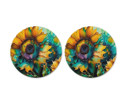 Brilliant Blooms Coasters - Set of 2 Round Sunflower Coasters - Home Decor - Office Desk Accessories