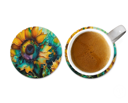 Brilliant Blooms Coasters - Set of 2 Round Sunflower Coasters - Home Decor - Office Desk Accessories