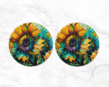 Brilliant Blooms Coasters - Set of 2 Round Sunflower Coasters - Home Decor - Office Desk Accessories