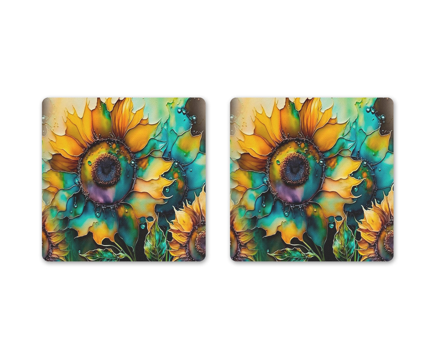 Brilliant Blooms Coaster Set - Set of 2 Square Coasters - Sunflower Home Decor - Office Decor