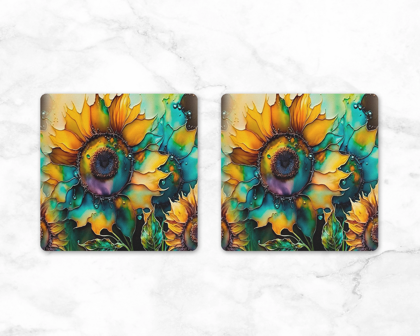 Brilliant Blooms Coaster Set - Set of 2 Square Coasters - Sunflower Home Decor - Office Decor