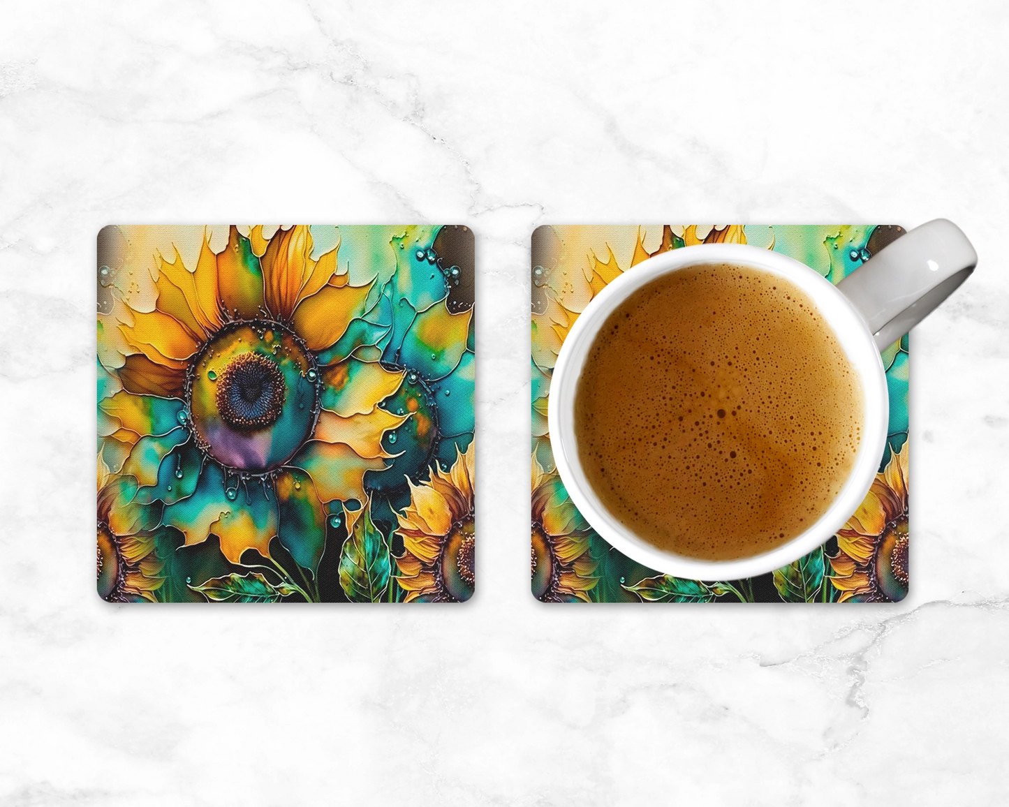 Brilliant Blooms Coaster Set - Set of 2 Square Coasters - Sunflower Home Decor - Office Decor