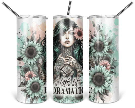 A Little Bit Dramatic 20 oz tumbler shown from three angles with tattooed woman with mint sunflowers and pink blooms