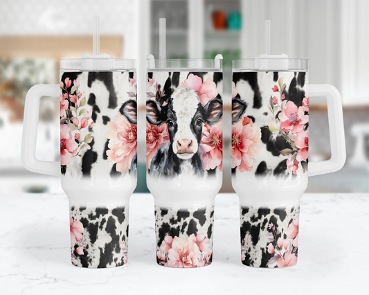 A Little Moo-tivation 40oz Cow Tumbler - Baby Bovine Tumbler Cup With Handle - Gift For Cow Lovers