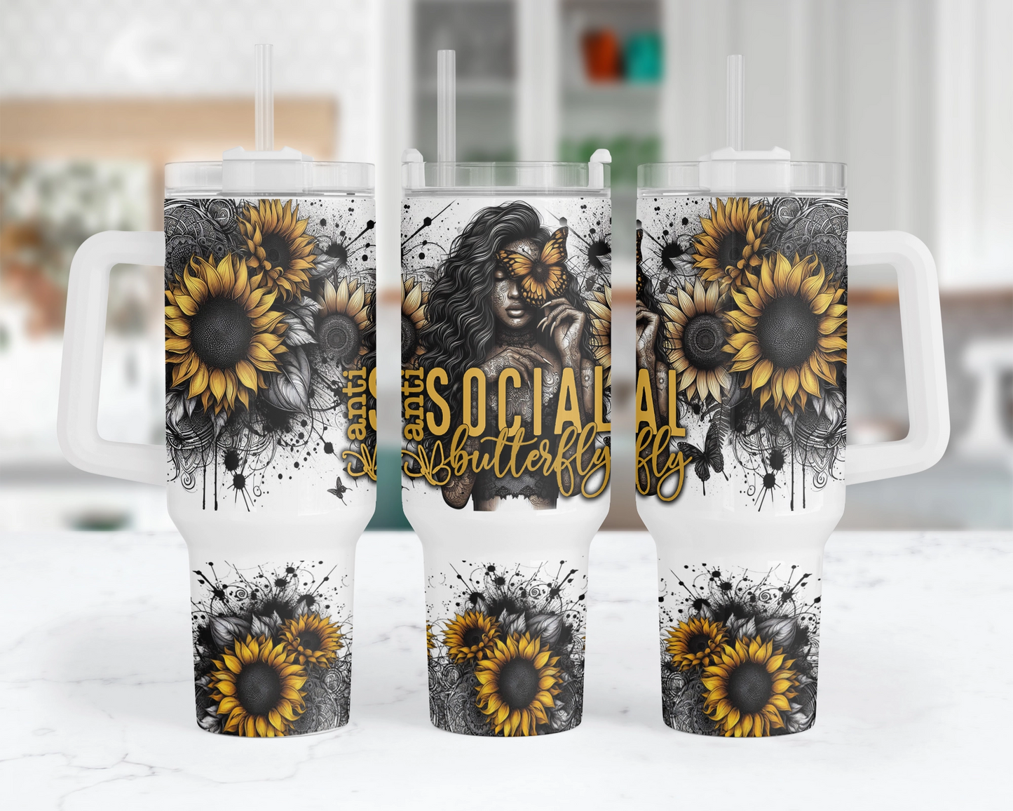 Anti Social Butterfly Tumbler - Sunflower 40oz Tumbler With Handle - Travel Cup Gift For Introverts