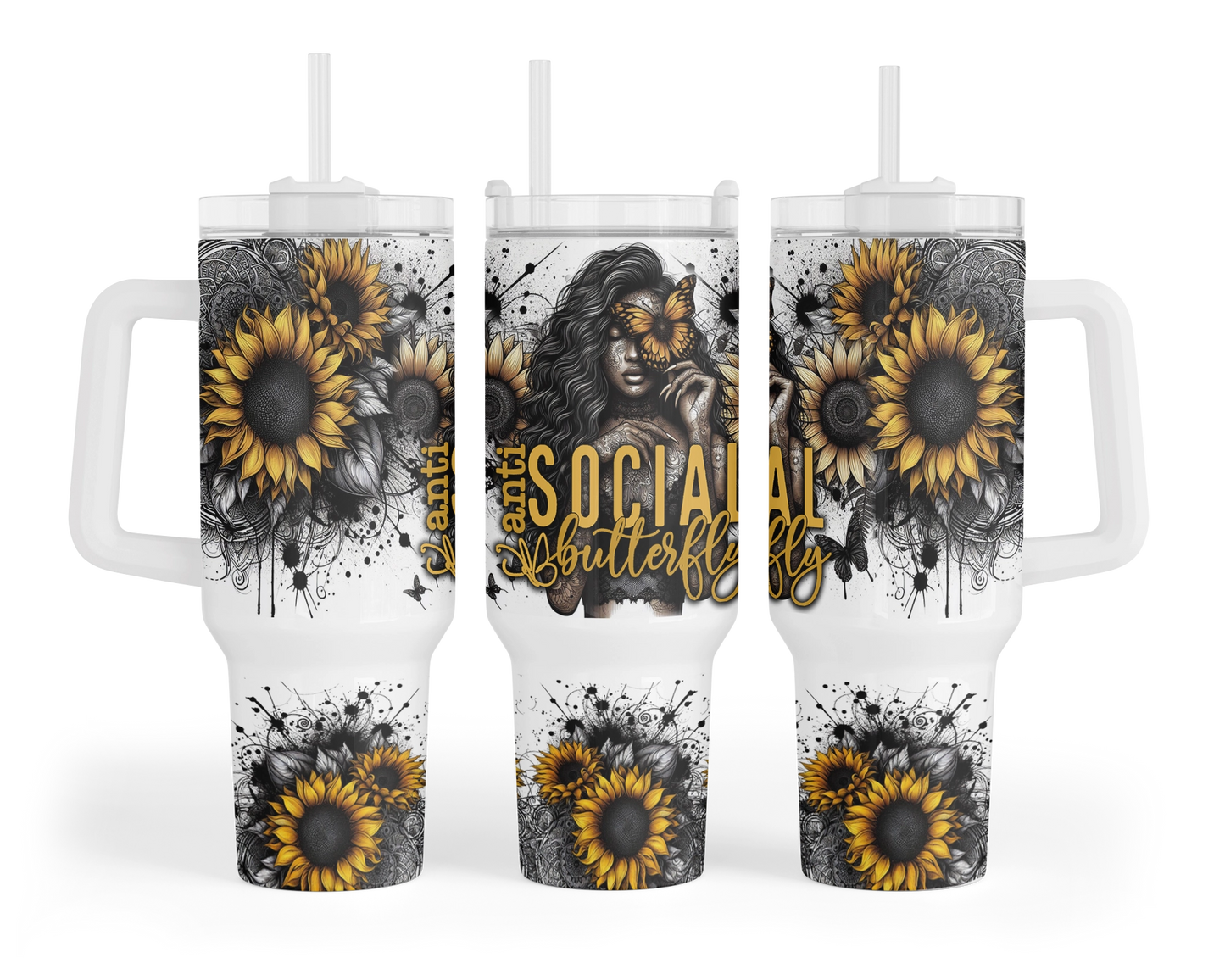 Anti Social Butterfly Tumbler - Sunflower 40oz Tumbler With Handle - Travel Cup Gift For Introverts