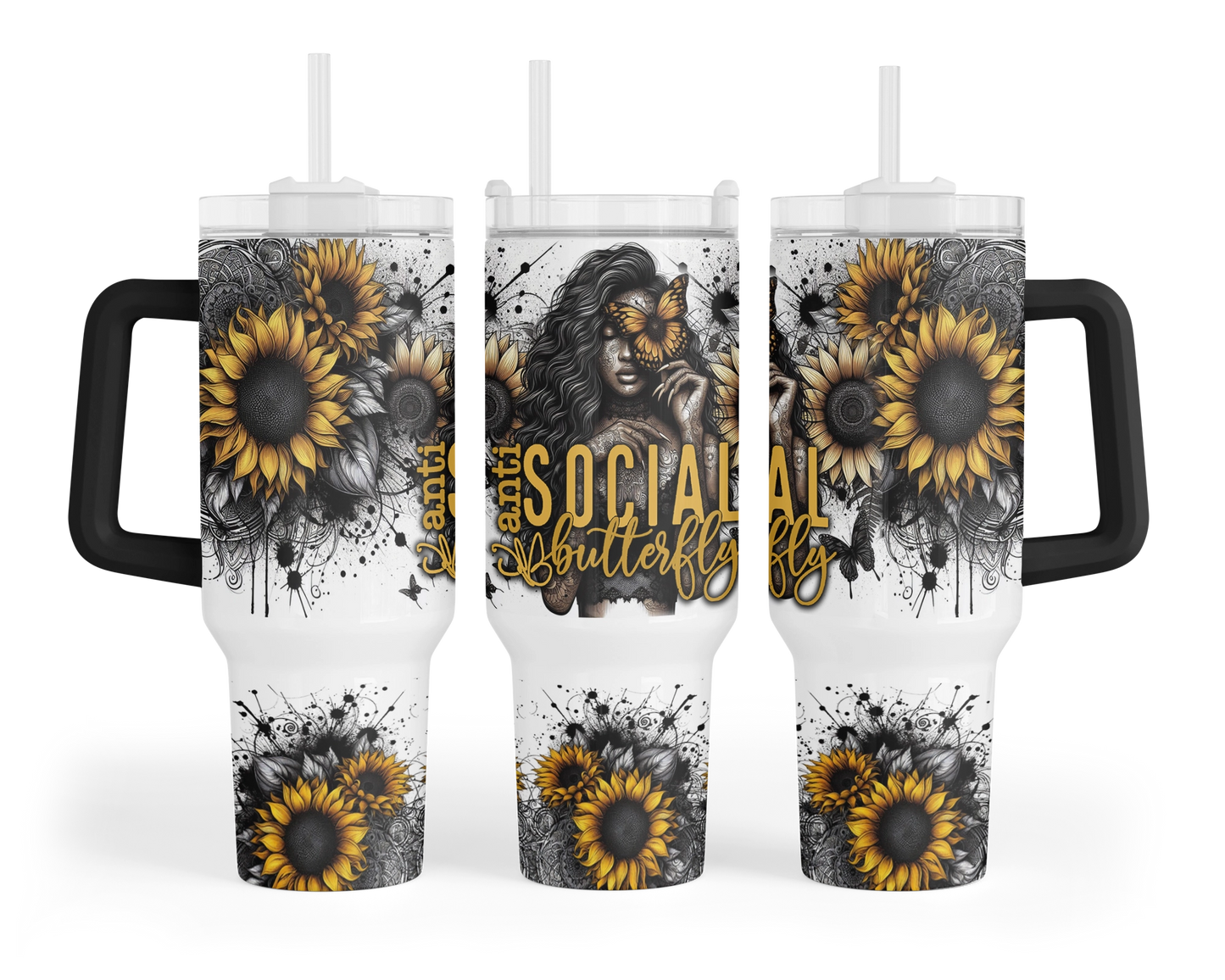 Anti Social Butterfly Tumbler - Sunflower 40oz Tumbler With Handle - Travel Cup Gift For Introverts