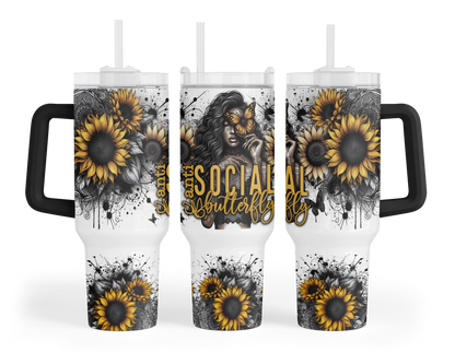 Anti Social Butterfly Tumbler - Sunflower 40oz Tumbler With Handle - Travel Cup Gift For Introverts