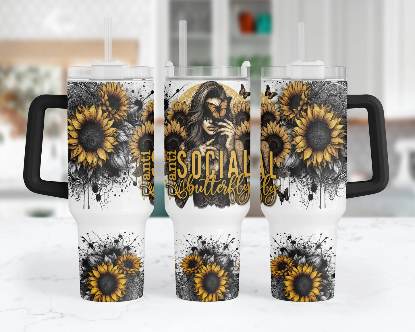 Anti Social Butterfly Tumbler - Sunflower 40oz Tumbler With Handle - Gift For Introverts