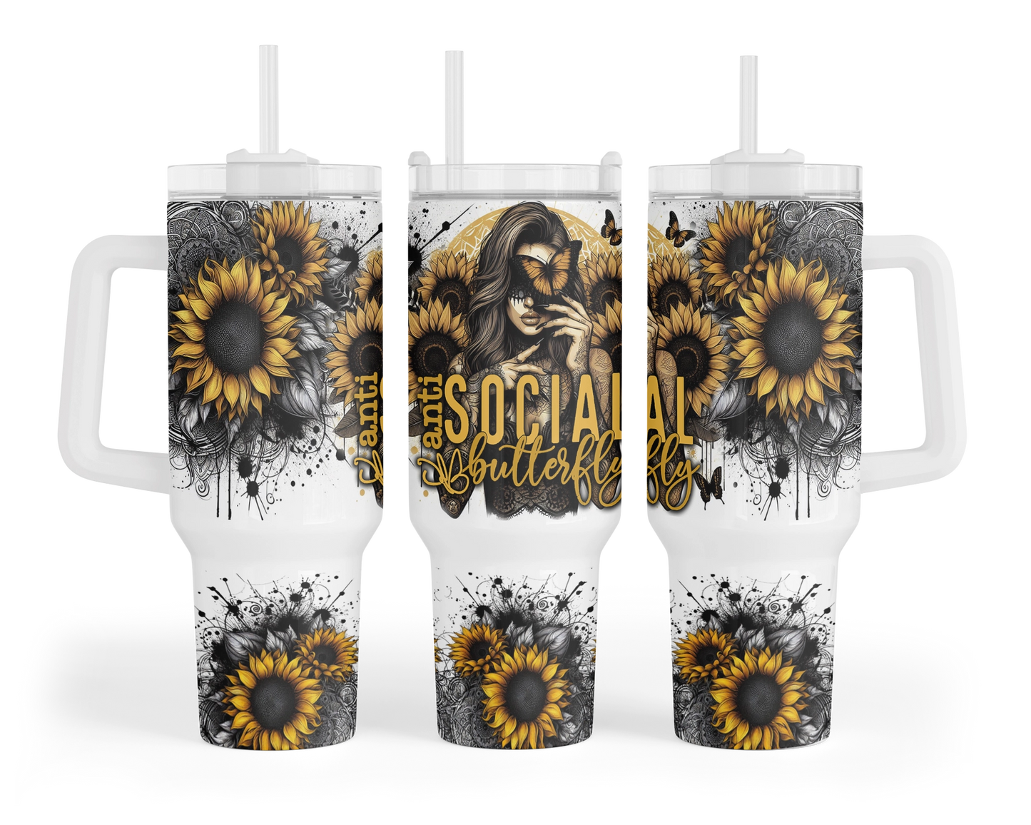 Anti Social Butterfly Tumbler - Sunflower 40oz Tumbler With Handle - Gift For Introverts