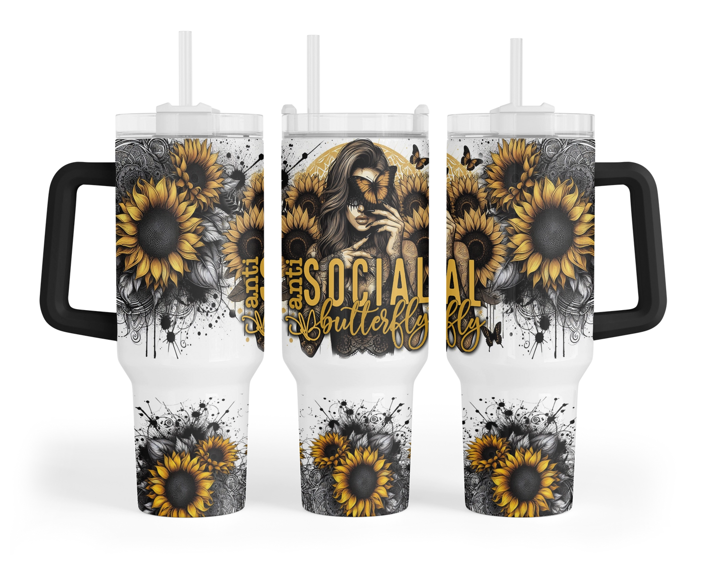 Anti Social Butterfly Tumbler - Sunflower 40oz Tumbler With Handle - Gift For Introverts