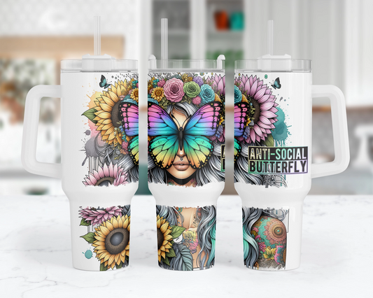 Anit Social Butterfly Tumbler -  40oz Boho Chic Tumbler With Handle - Gift For Her