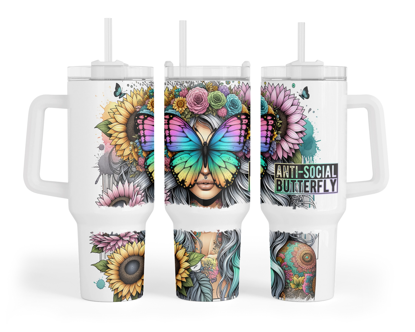 Anit Social Butterfly Tumbler -  40oz Boho Chic Tumbler With Handle - Gift For Her