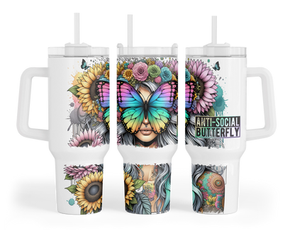 Anit Social Butterfly Tumbler -  40oz Boho Chic Tumbler With Handle - Gift For Her