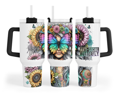 Anit Social Butterfly Tumbler -  40oz Boho Chic Tumbler With Handle - Gift For Her