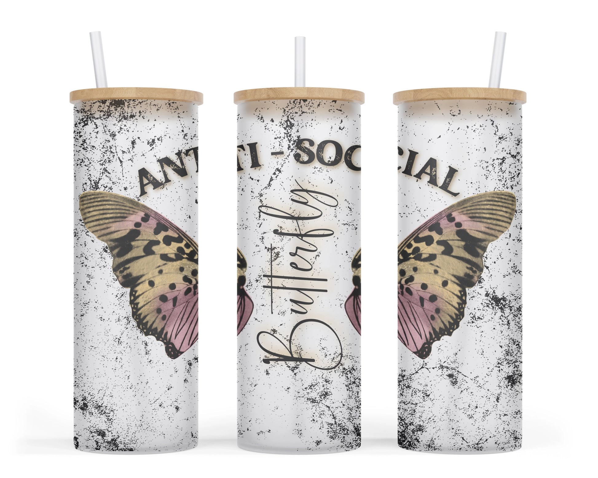 A 25oz frosted glass tumbler with 'Anti Social Butterfly' printed on the side, accompanied by delicate butterfly wings