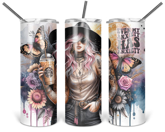 Three views of the 20 oz tumbler featuring Even My Anxiety Has Anxiety pink-haired woman in a black hat with butterflies and flowers on a white background