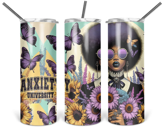 Anxiety University 20 oz tumbler shown from three angles with woman with purple sunglasses, sunflowers and purple butterflies