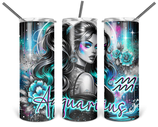 Aquarius Written in the Stars 20 oz tumbler shown from three angles with teal-haired woman, teal flowers and Aquarius symbol